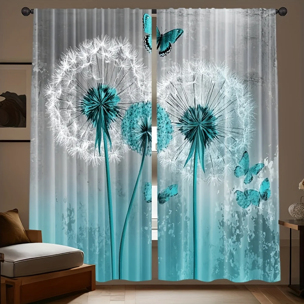 Large Blue Dandelion Butterfly Watercolor Floral Abstract Nature Print Curtains for Living Room Bedroom House Window Drapes