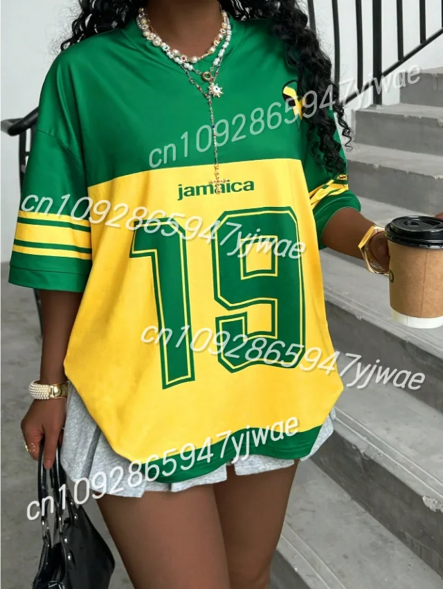 المرأة جامايكا طباعة الخامس الرقبة قصيرة الأكمام ثقب تي شيرت الصيف الجرافيك المحملة البيسبول الفانيلة حجم كبير تي شيرت رياضي