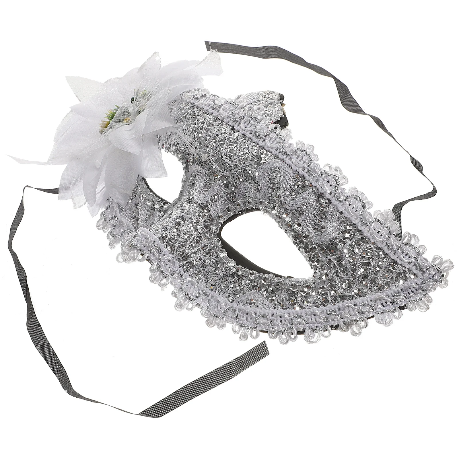 

Elegant White Lace Mask Lily Flower Decorated Cosplay Mask with Crystals for Halloween Masquerade Event
