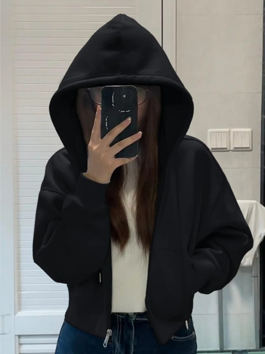 

Черная женская толстовка с капюшоном на молнии, утепленная флисом, в корейском стиле, для ранней осени, верхняя одежда из полиэфирного волокна