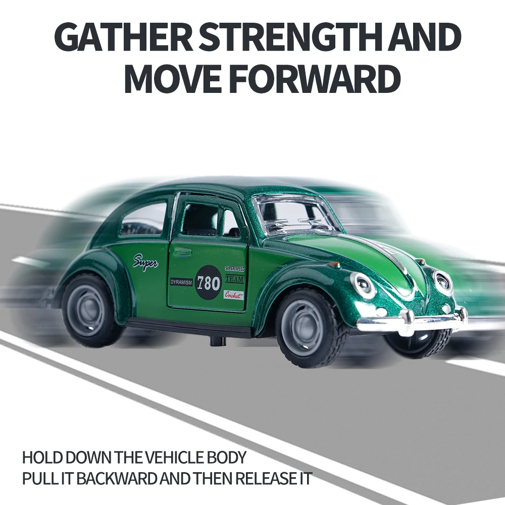 Classic Diecast Beetle Model Car, 11.5cm Green Pull-Back Toy with Openable Doors, Collectible Retro Vehicle Gift for Kids Adults image 6