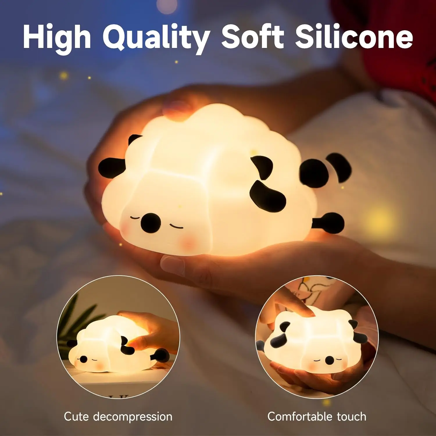 Cute Silicone Sheep Night Lights, Lâmpada de quarto para decoração de quarto infantil, Timing recarregável, Escurecimento do sono, Desenhos animados