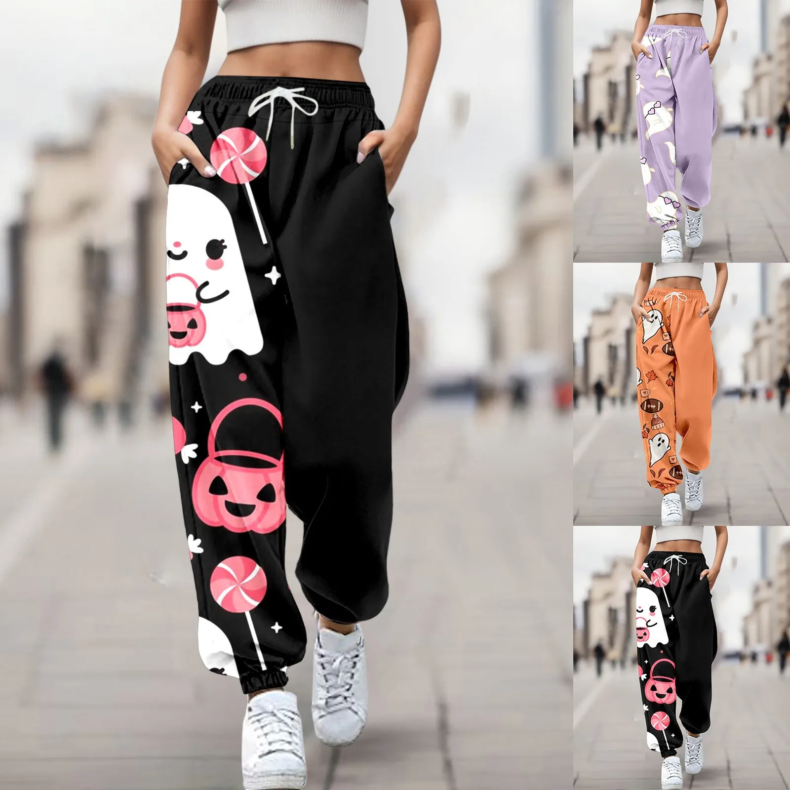 Pants For Women Work Casual Fashion Trousers Pumpkin Halloween Print Bottom Sweatpants Pockets Sporty Gym Athletic Jogger Pants