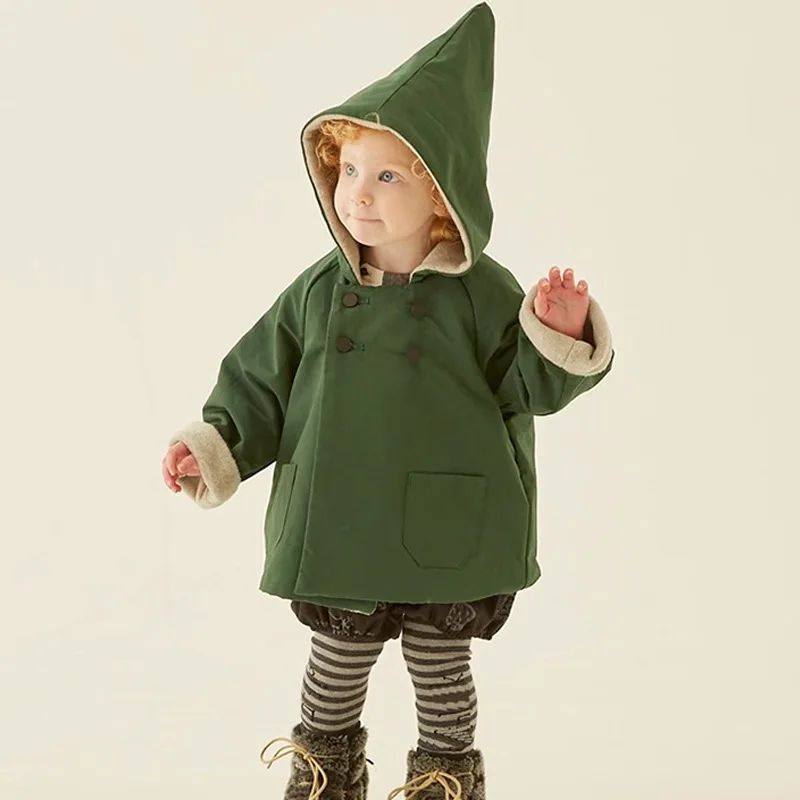 Children's plush thick coat 2024 winter windproof hooded outdoor jacket