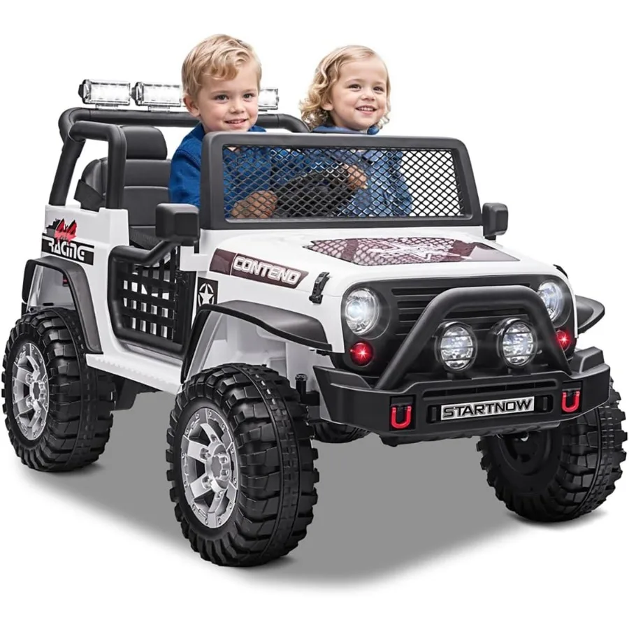 子供用2人乗り乗用車、12V電動カートラック、男の子向け（3～8歳）、リモコン付き、スプリングサスペンション、音楽/USB、ホーン、4輪バッテリー