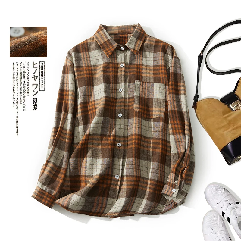 Harajuku اليابانية الرجعية الأخضر منقوشة نحى قميص المرأة فضفاضة تناسب مفتوحة الجبهة سترة الربيع جودة بلوزة الكاكي جيب القمم