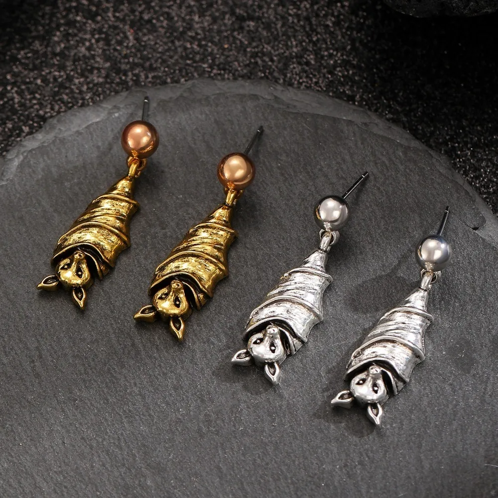 Gothic Style Halloween Upside-Down Bat Earring Stud Alloy Silver/Gold Bat Dangle Earring Stud Vintage Inverted Bat Earring Stud