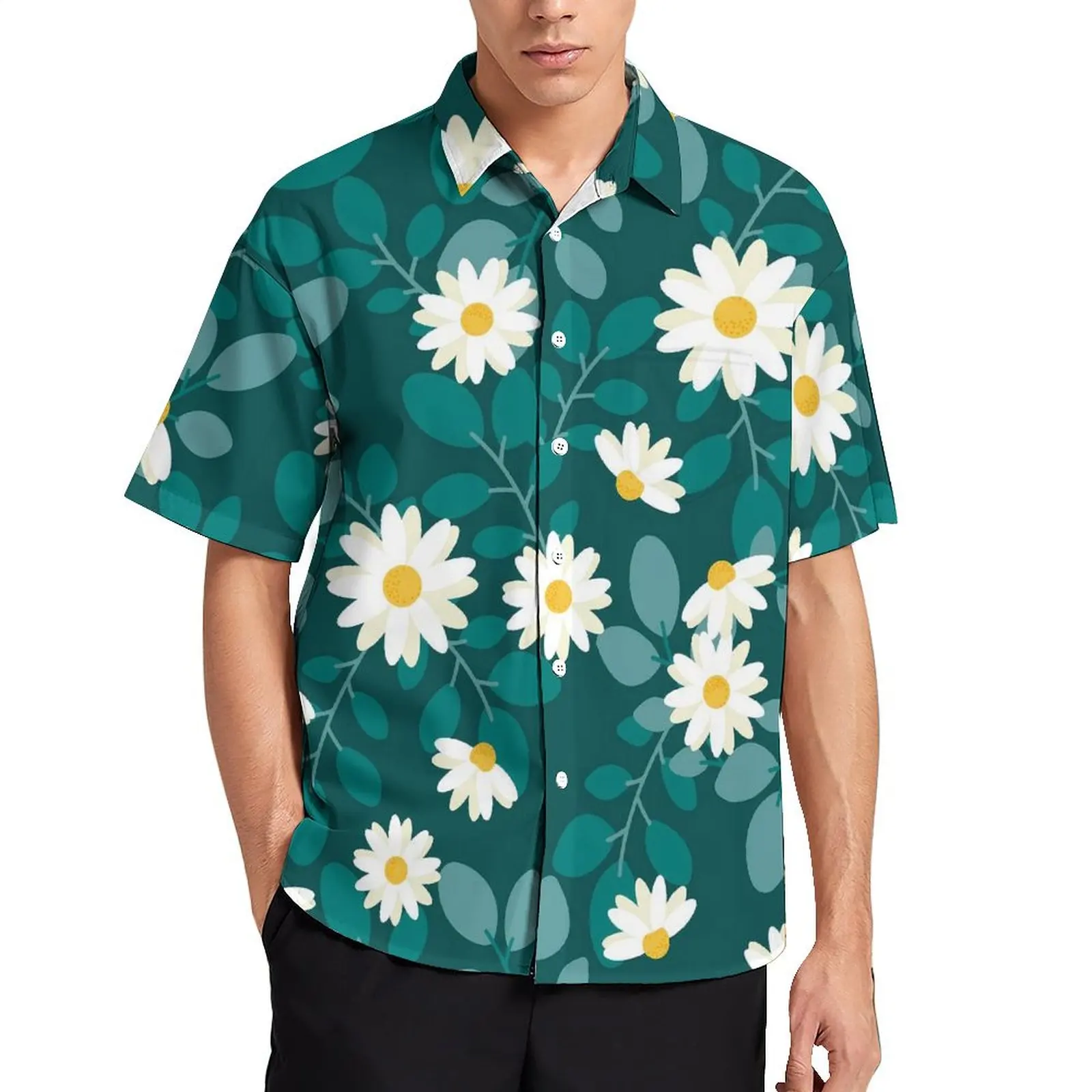 

White Daisies Vacation Shirt Man Cute Flowers Elegant Casual Shirts Hawaiian Short Sleeve Streetwear Design Oversized Blouses