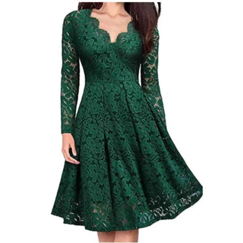 

Retro Solid Elegant Lace Mini Dress Women's Fashion Long Sleeved Loose V-neck A-line Dresses Ladies Summer Party Prom Dress