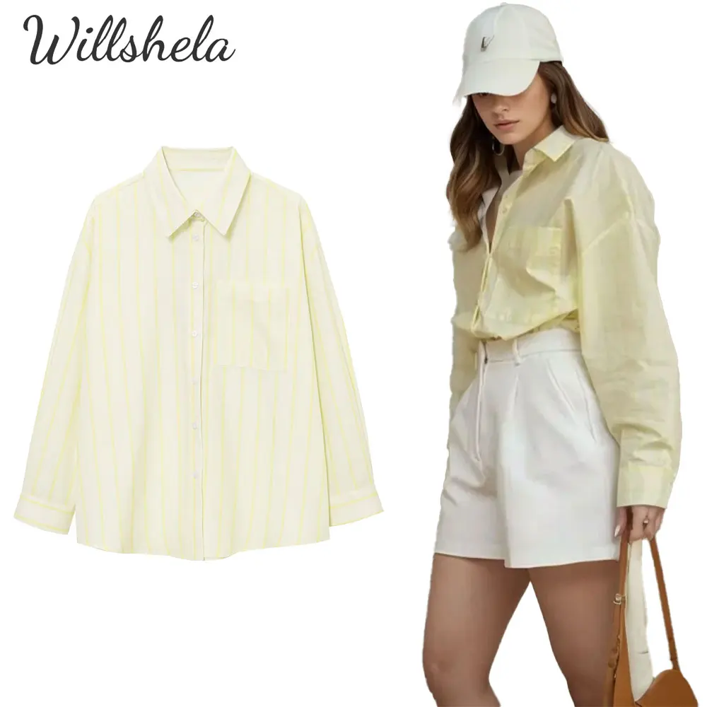 

Willshela Women Fashion LightYellow Loose Striped Shirt Lapel Collar Long Sleeves Female Chic Lady Casual Mujer Blouse