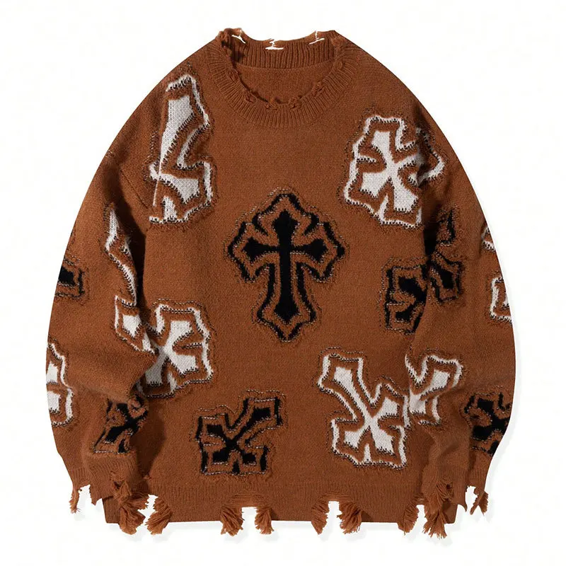 High street American trendy pullover sweater with fringes featuring bold printed characters loose and casual round-neck knitwear