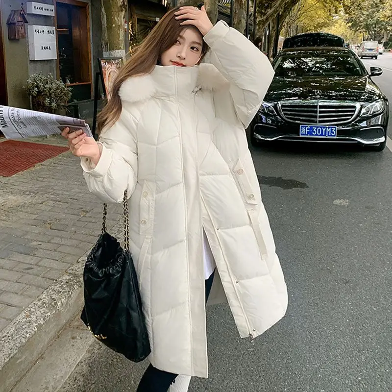 

New Women's Big Fur Collar Down Cotton Jacket Long Winter Thicke Warm Padded Jacket Female Korean Hooded Parker Cotton Clothes