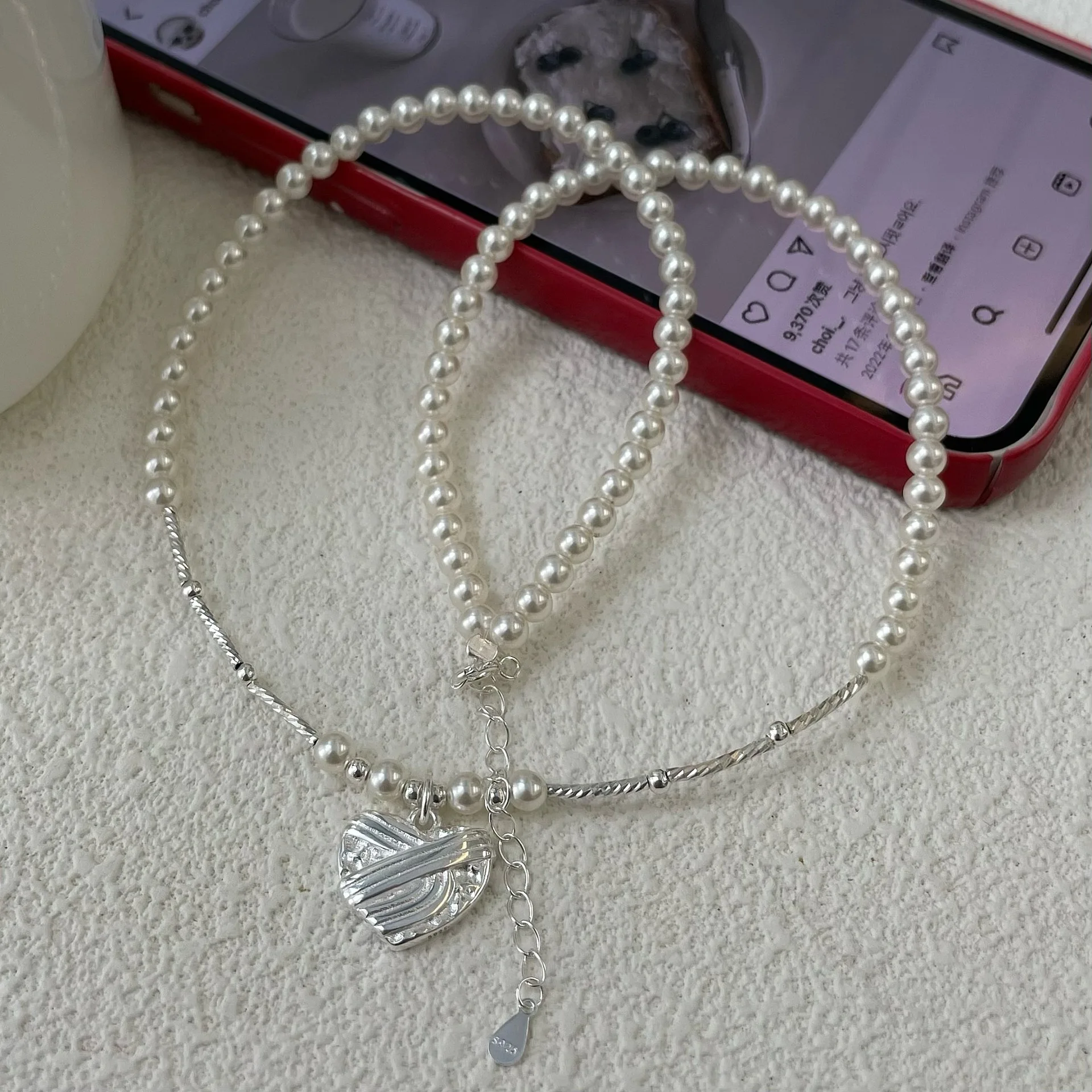 

S925 pure silver simple love silver tube pearl necklace ins temperament high-end sense versatile fashion niche design