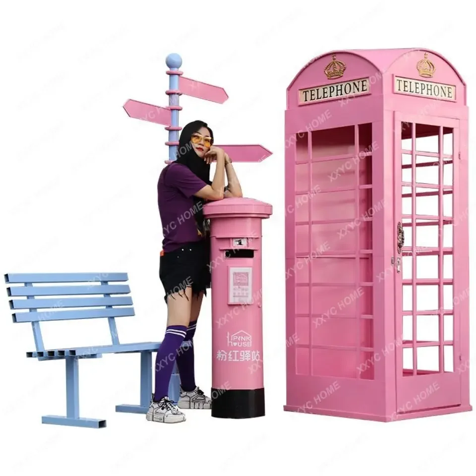 

Creative Retro Telephone Booth Pink Set Post Box Road Sign Shop Decoration Shopping Mall Decoration Props