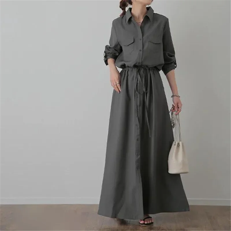 Women Dresses Single Breasted Button Turn Down Collar Long Sleeve Solid Color Loose Fit Casual Office Lady Belt Drawstring