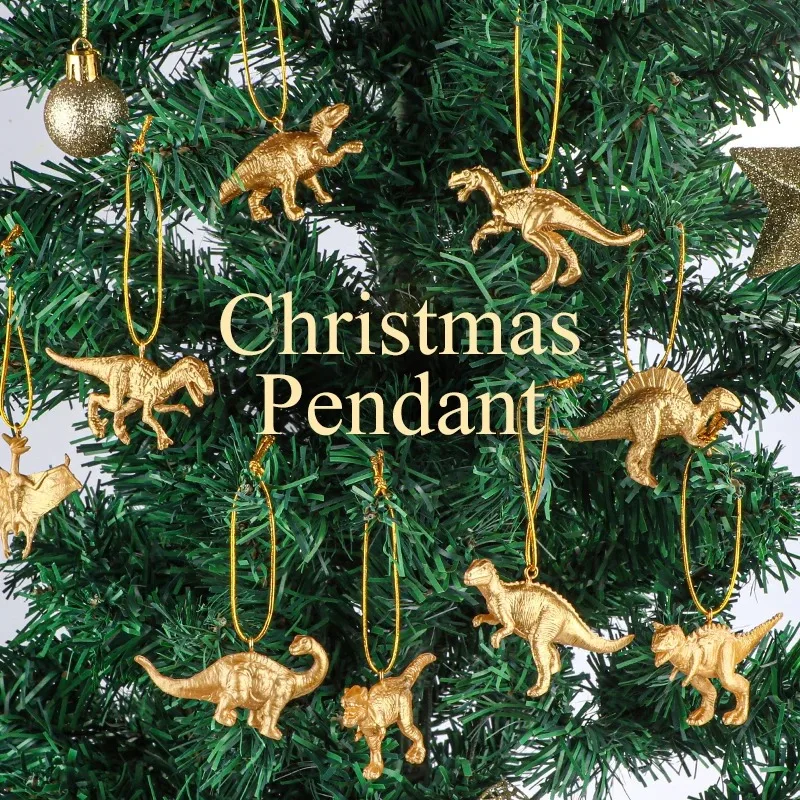 16 Miniatur-goldene hängende Ornamente in Dinosaurierform; Weihnachtsbaum-Hängedekorationen für Party-Dekoration, DIY, Neujahr, Zuhause