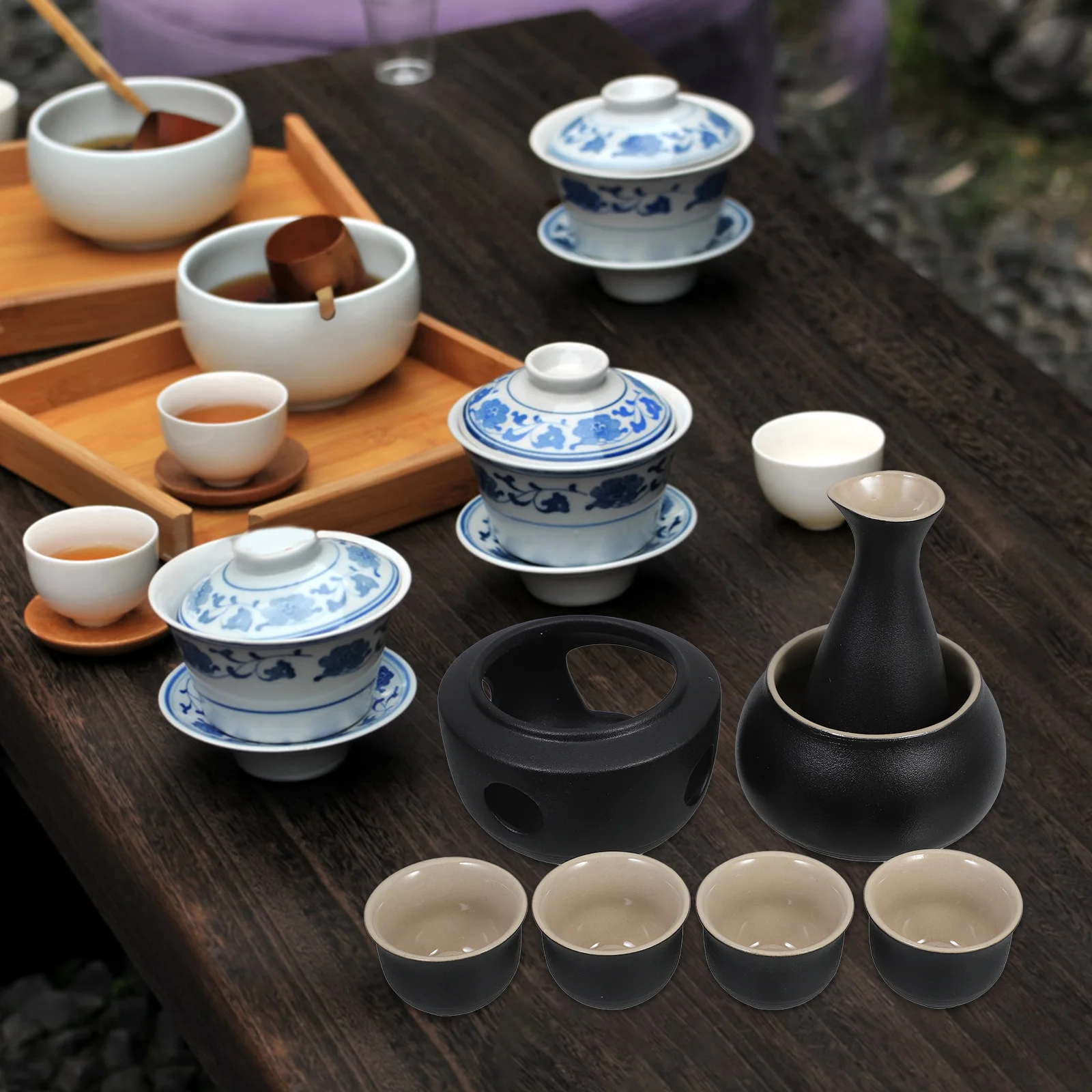 

Ceramic Sake Serving Set Traditional Tokkuri Bottle Cups Porcelain Wine Warmer Elegant Table Decoration Reusable Smooth