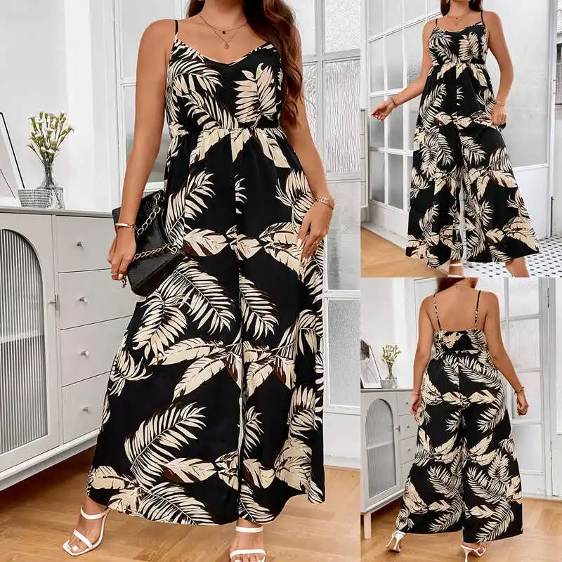 

plus Size Women Summer Wide Legged Jumpsuits Susps High Waist Cotton Blend Street Sle Long Pants Summer 2024 China Made