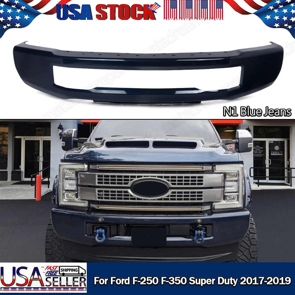 Front Bumper Blue Jeans N1 Replace For Ford F250 F350 F450 Super Duty 2017 2018 2019 Front Bumper Face Bar W/o Fog Light Holes