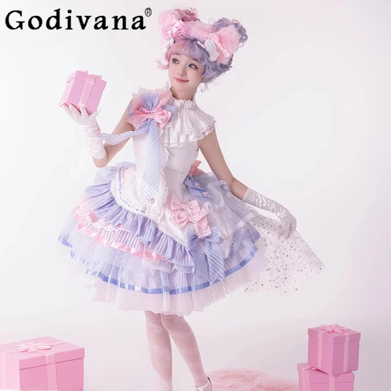 طقم تنورة لوليتا للسيدات قميص أبيض عالي الخصر تنورة قصيرة على شكل حرف A من قطعتين تناسب ملابس تنورة الأميرة اليابانية النسائية