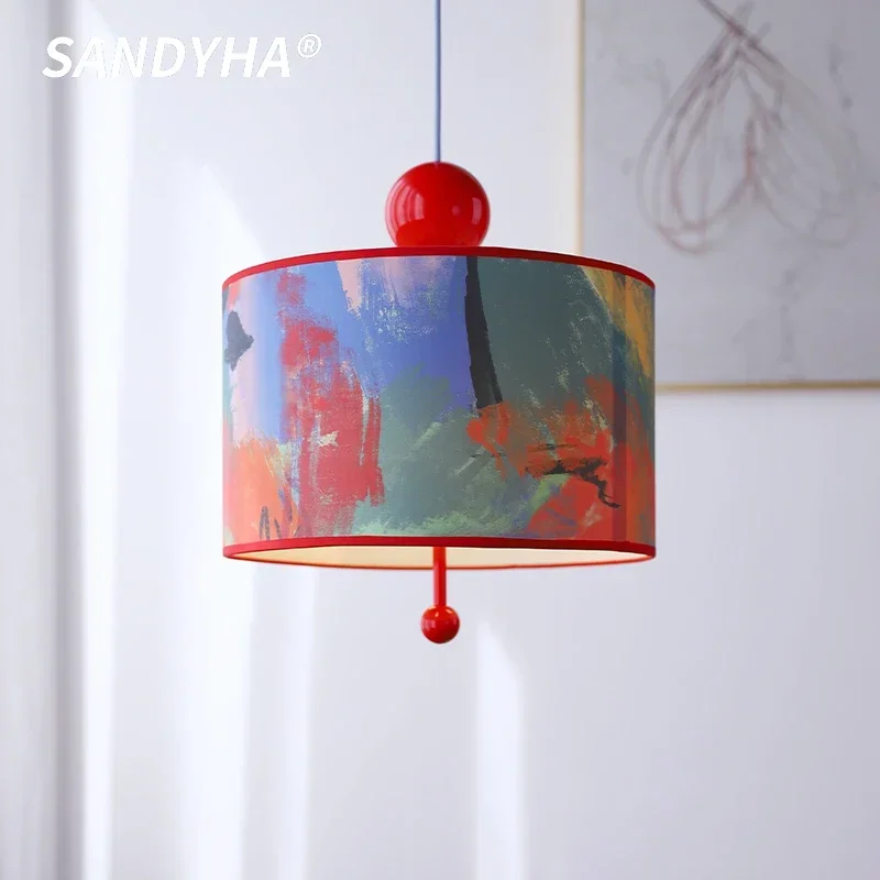 SANDYHA Modern Retro Cylindrical Pendant Light LED Lamp Apply To Bedroom Study Fabric Printed Home Decoration Lighting Fixtures