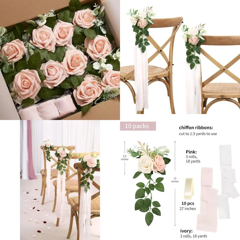 

Set of 10 Aisle Pew Decorations - Pink & Cream Artificial Roses with Eucalyptus - 5.5 x 13 - Traditional Elegant Style Chair Cov