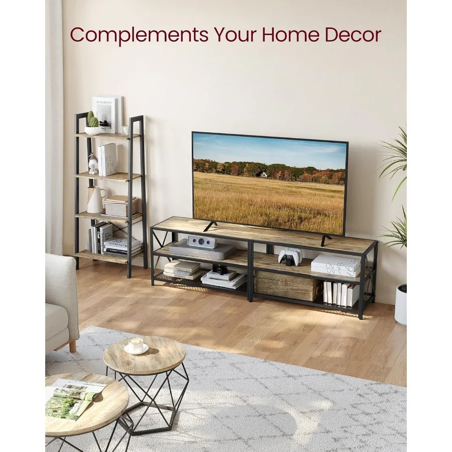 حامل تلفزيون لأجهزة التلفاز حتى 75 بوصة 70.1 بوصة وحدة تحكم تلفزيون واسعة مع أرفف تخزين إطار فولاذي تركواز بني وأسود معيشة #4