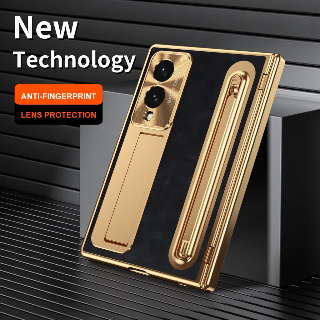 Plating Leather Kickstand Case For Samsung Galaxy Z Fold 8 Ultra 8 Wide 7 6 5 4 Hinge Tempered Glass Screen Film Cover