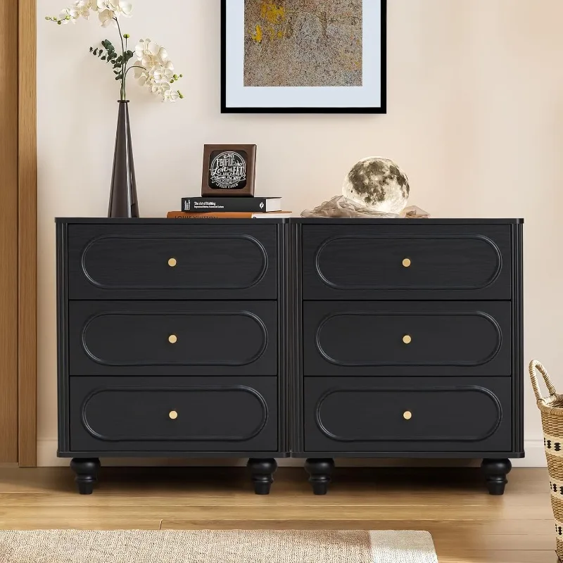 

3 Drawer Fluted Dresser for Bedroom Set of 2, Mid Century Modern Chest of Drawers, for Bedroom Living Room Hallway Closet, Black