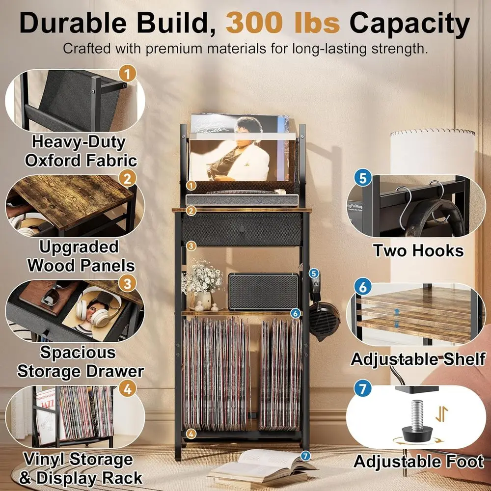 حامل تخزين سجلات الفينيل مع شاشة عرض من 3 طبقات، يحمل 200 ألبومًا، درج متضمن، بني ريفي لمساحات المعيشة #3