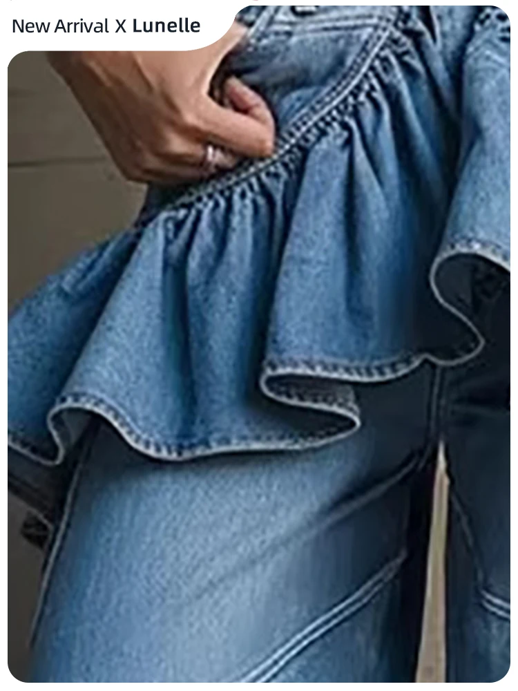 Women's High Waist Flare Denim Jeans Layered Asymmetric Ruffle Wide Leg With Pockets Denim Pants High Street Chic Long Jeans
