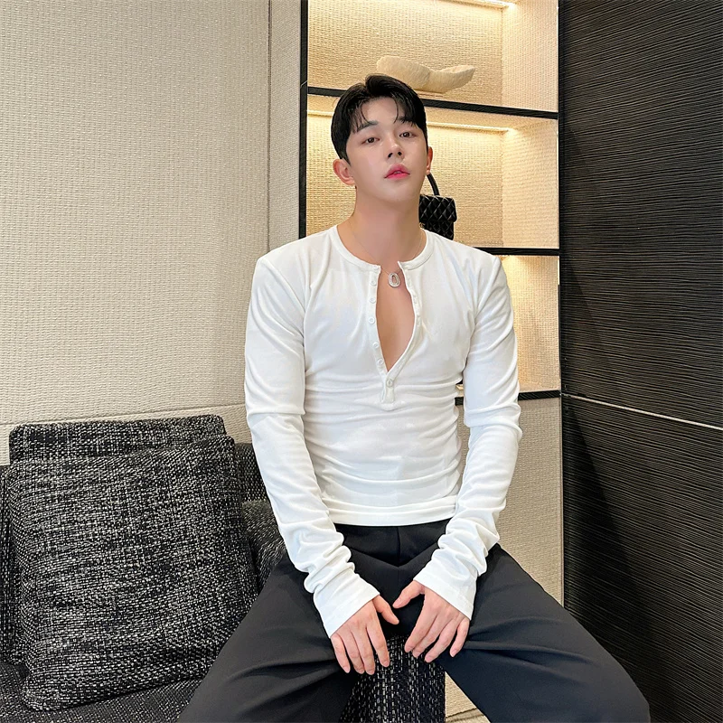 

New Men's Casual Blouse Long sleeve t Shirt Tops trend slim fit Tee Shirt button-down Spring Autumn Yoga Shirts