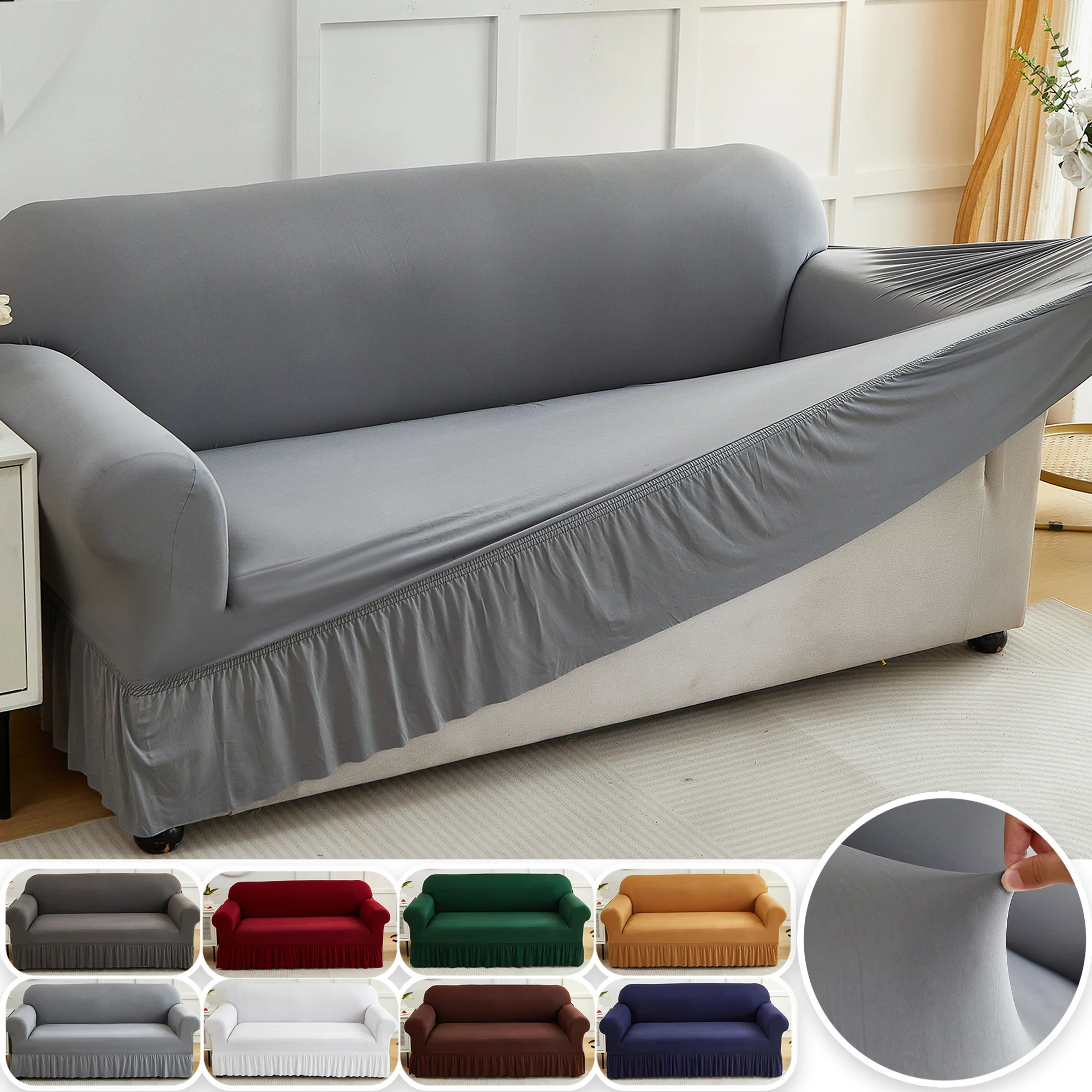

1pc Stretch Sofa Cover With Skirt Solid Color Dustproof Non-slip Adjuatable Sofa Slipcover for Bedroom Living Room Home Decor