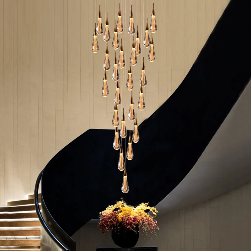 Modern LED Pendant Light Villa Living Room Hanging Luxury Crystal Staircase Pendent Lamp Hotel Lobby Chandelier Indoor Lighting