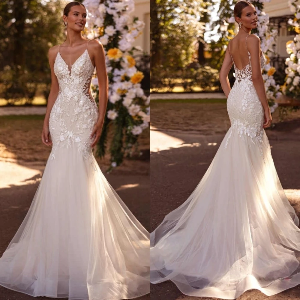 

Customized White Organza Wedding Dress Exquisite Appliques Sexy Mermaid Fashion V-neck High Quality Bridal Party Bridal Gowns