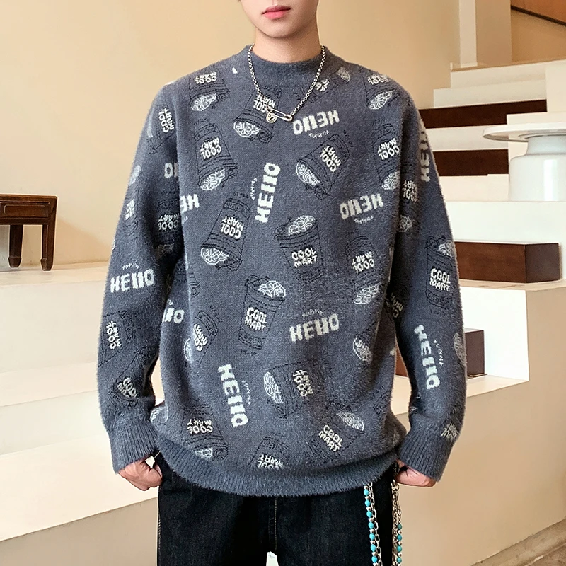 Повседневный вязаный свитер с принтом граффити, осень/зима, корейские мужские рождественские топы, 2025 г., толстый и теплый мужской базовый свитер