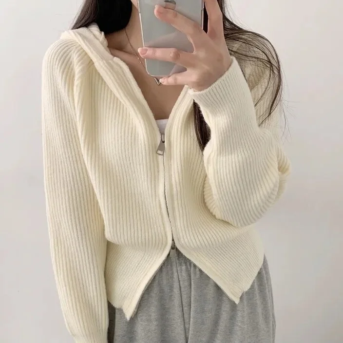 Chic Lazy Sle Hooded Thiened Knitted Open Cardigan Zipper Design Collar Sweater for Women Autumn Winter New Arrival