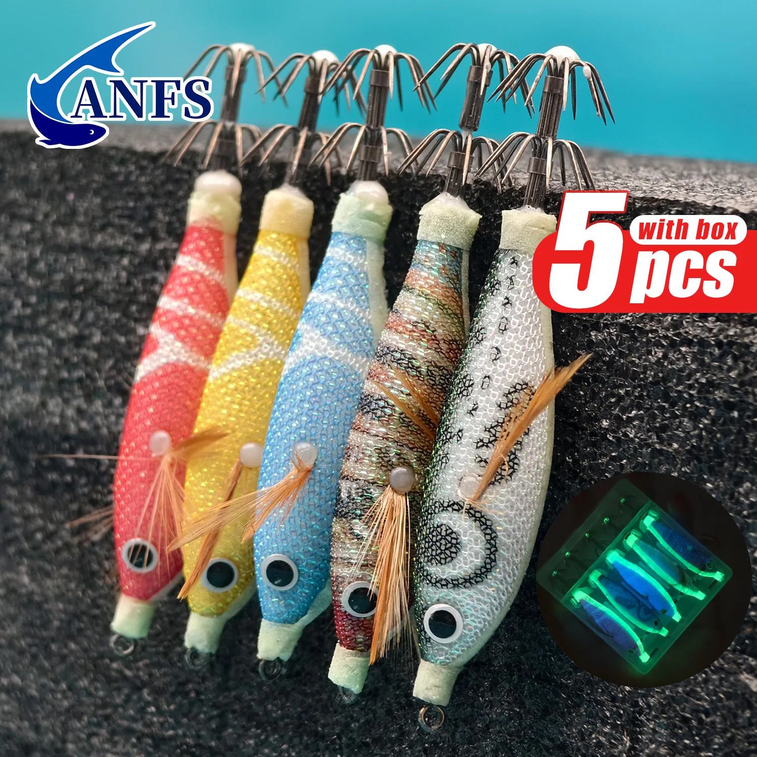 ANFS 5 قطعة مجموعة تهزهز الحبار الروبيان الأفقي الممتاز-طُعم صيد الأسماك في المياه المالحة طُعم الجمبري لخطبوط القبار