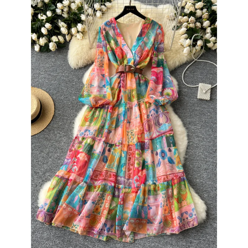 

European and American Style High-End Fashionable Women's DressVFlared Lantern Sleeve Waist-Cinching Printed Chiffon Long Dress w