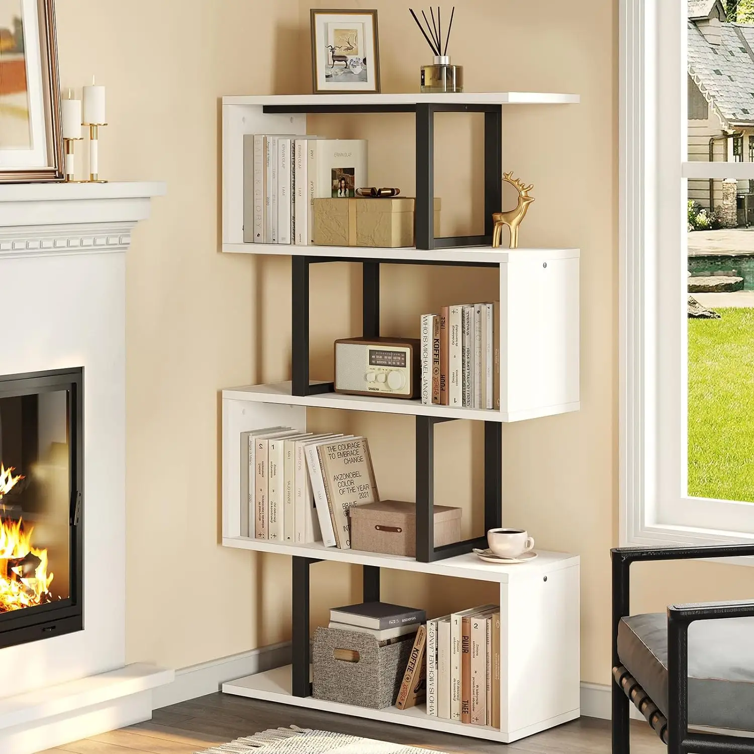 

5-Tier Bookshelf,S-Shaped Z-Shelf Bookshelves &Bookcase,Modern Freestanding Multifunctional Decorative Storage Shelving