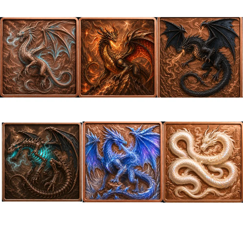 5oz .999 Fine Copper 7 Piece Set Dragon Song Square Scale Texture Wings Reliefform Rose Gold Edge Colorized Art Desk Decor Gift