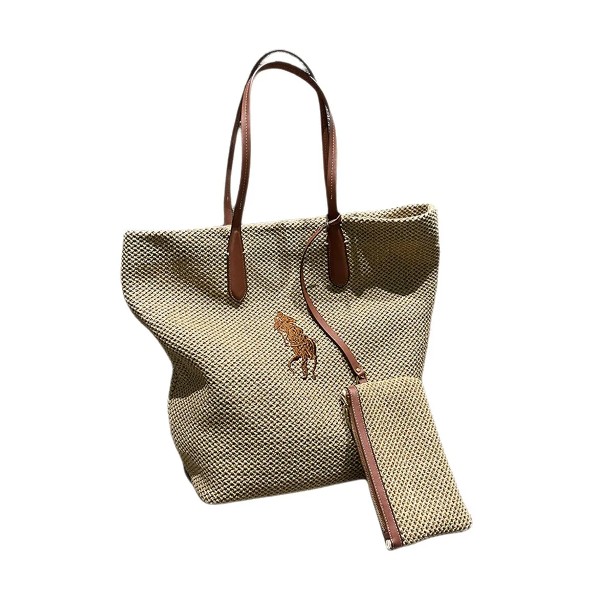 2025 جديد كسول نمط القش المنسوجة حمل حقيبة اللون كتلة بولو الحصان العلامة التجارية حقيبة كتف مفردة سعة كبيرة موضة دلو حقيبة F...