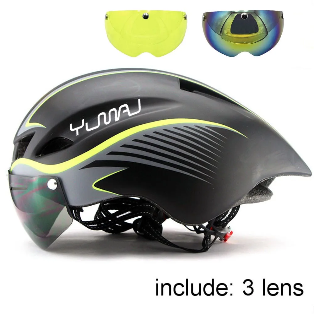 NEW 3 lens 290g Aero TT Road Bicycle Helmet Goggles Racing Cycling Bike Sports Safety TT Helmet in-mold Road Bike Cycling Goggle