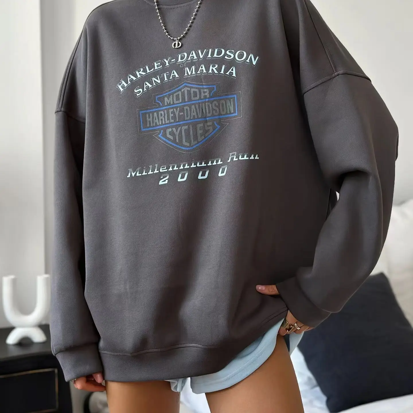 Fashion Red Letter Printing Crew Neck Sweater American Retro Personality 2024 Autumn and Winter New Loose Sweatshirts