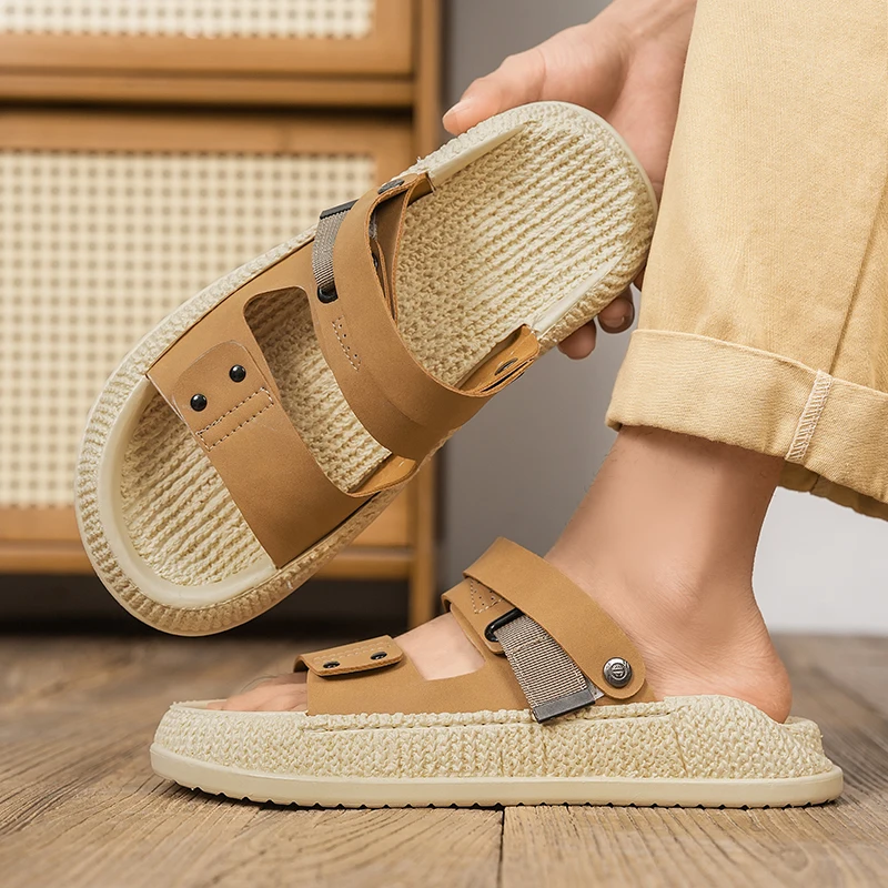 Men's Adjustable Strap Platform Slide Sandals – Breathable Linen-Like Non-Slip Casual Slippers, Big Size Summer Beach Shoes