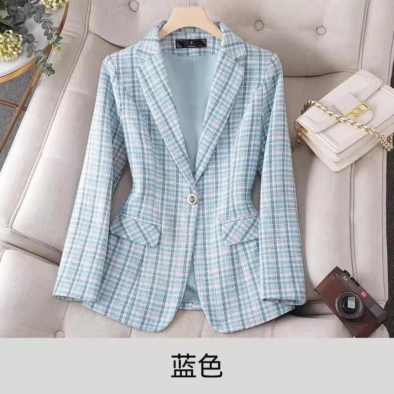 Imagem -06 - Blazer Pequeno Goundstooth Azul Cabolsa Curto Fino Feminino Top Elegante Retrô Alta Qualidade Roupas Novas para Primavera e Outono 2024