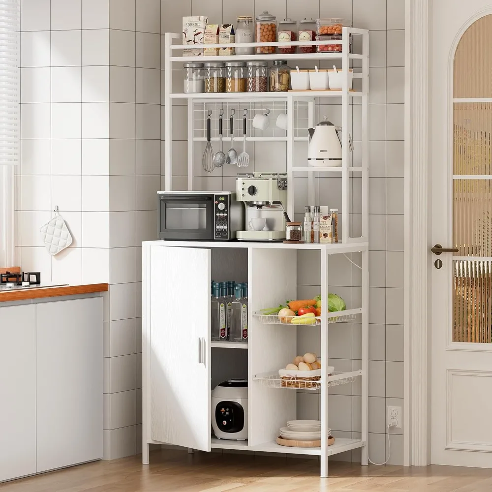 رف الخبازين مع مساحة تخزين، رف خبازين كبير من 7 طبقات مع مخرج طاقة، خزانة حامل ميكروويف للمطبخ، خزانة بار القهوة مع