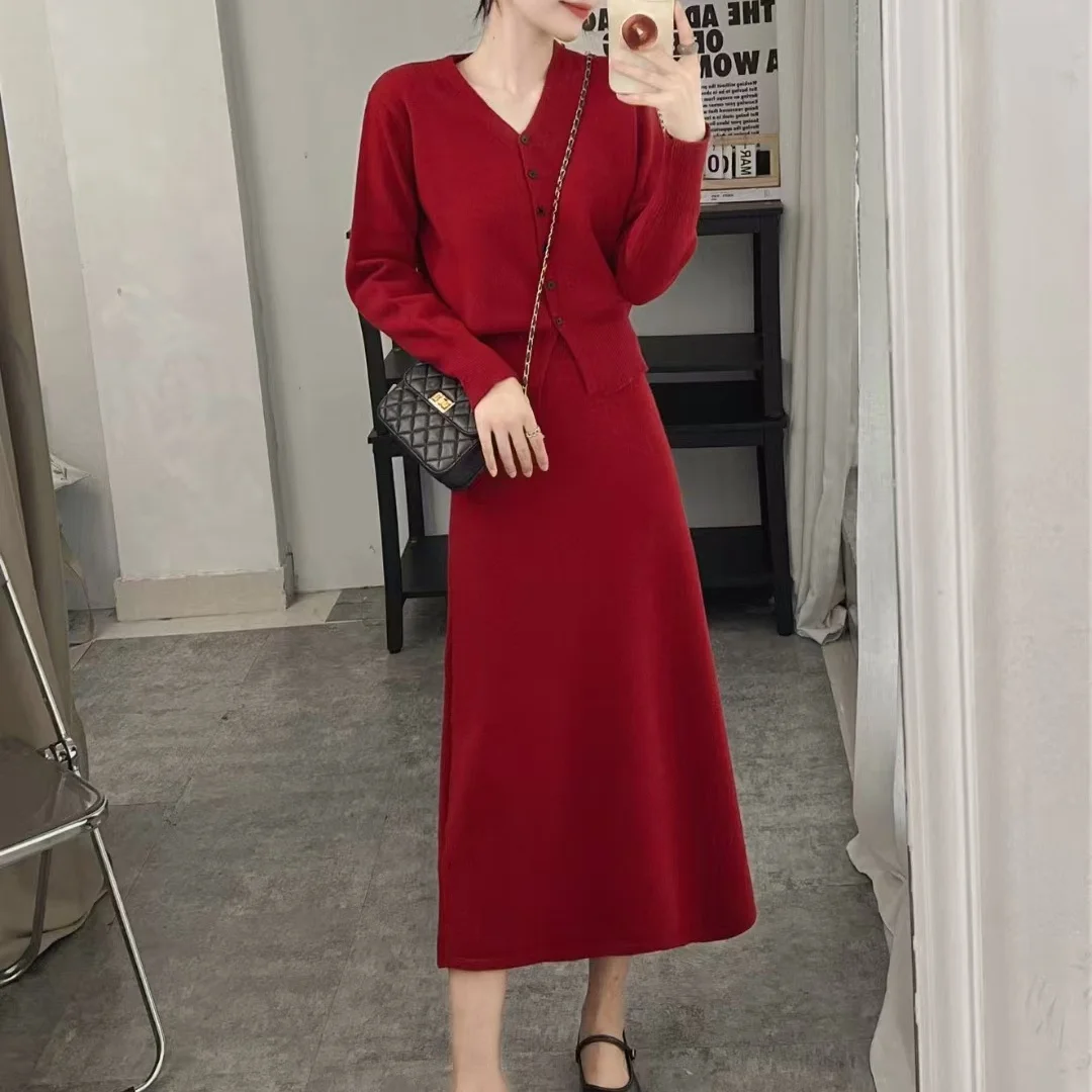 Sweet Girl Casual Suit Women\'s Winter Solid V-neck Sweater Coat Elastic Waist A-line Long Skirt Two-piece Set Female Clothes