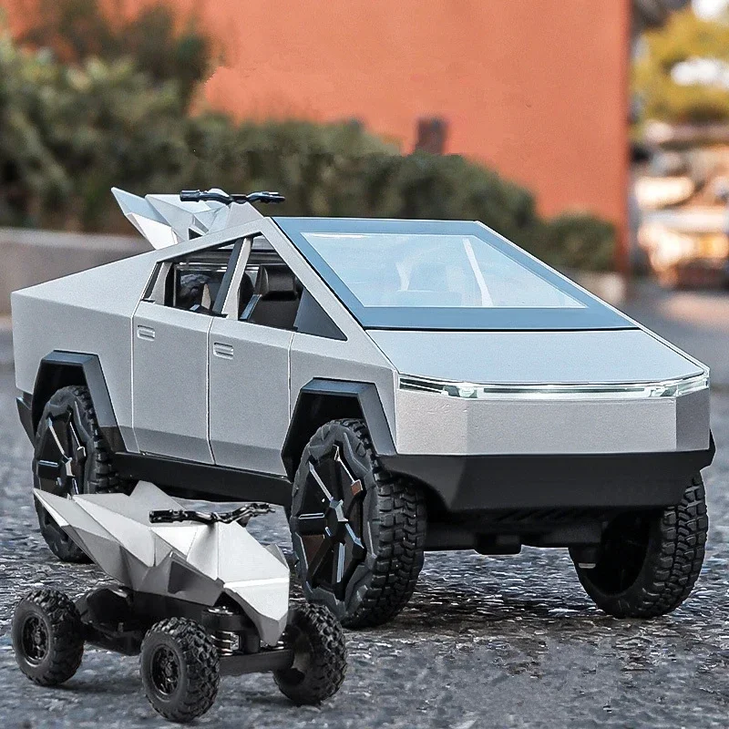 

1:24 Teslas Cybertruck Pickup, модель автомобиля из сплава, литая под давлением металлическая игрушка, внедорожники, модель грузовика, имитация звука, свет, подарки для детей