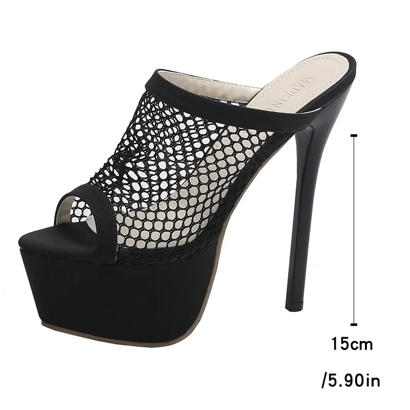 Size 42 Platform Slippers for Women Fashion Breathable Mesh Peep Toe Extreme High Heels Sandals Summer Shoes Lady Pumps 15CM